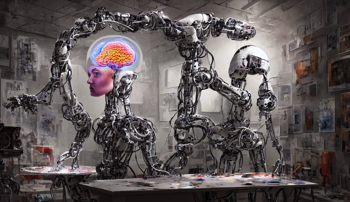 a high resolution photo of a!! robot painting a picture of a human brain!!, standing in an!! artist's studio!!, hyper detailed, photography, realistic, art, 8 k, unreal engine, cinematic, shallow focus, wide angle 