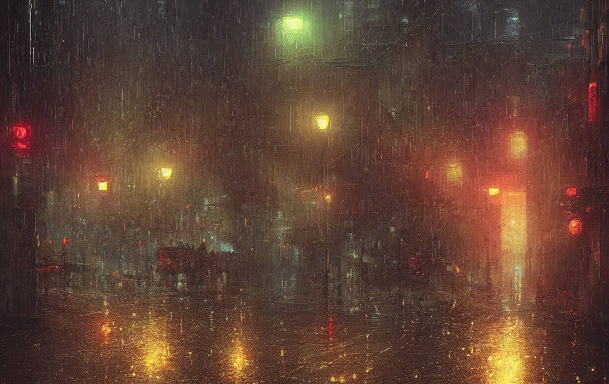 A Cyberpunk Street Raining in the Dark by Ismail Inceoglu and Caspar David Friedrich - Photorealistic, Highly Detailed, 4k, UE5, Light Effect, Realistic, Cinematic, IMAX Quality, Trending on Artstation. Add a strong contrast