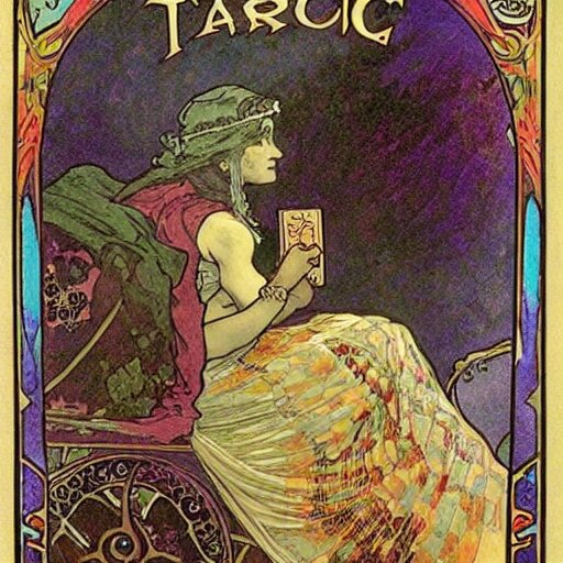 poster of Gypsy lady doing tarot card reading inside a gypsy caravan surrounded by cats, art nouveau, 1878, Alphonse Mucha, decorative panels, old paper, soft colors