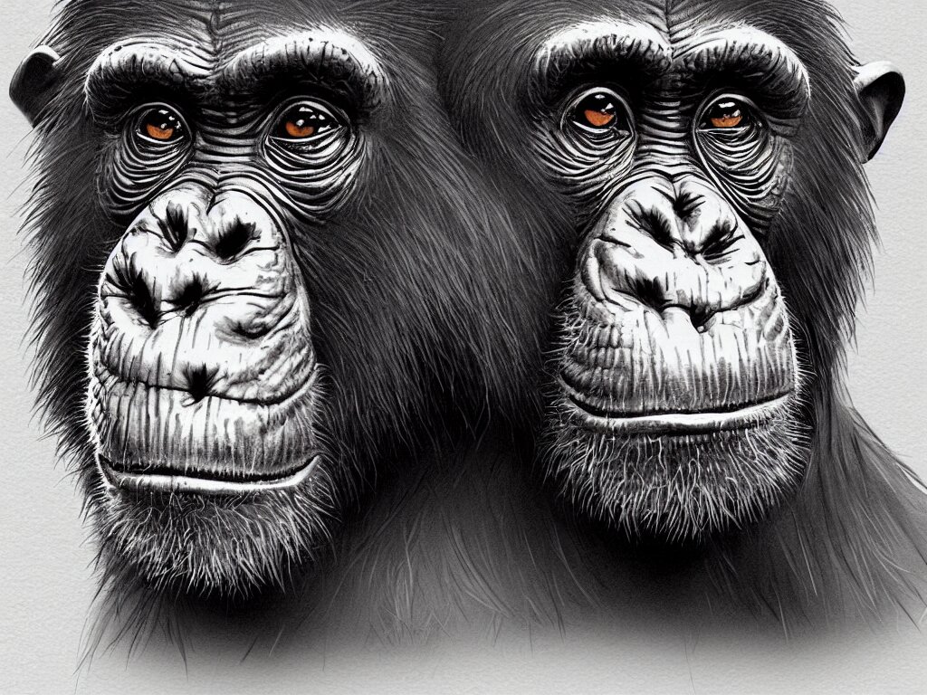 Zoological illustration sketch of a chimpanzee with intricate ornate details and embellishments, high detail, hyperrealistic, concept art, artstation, 8k