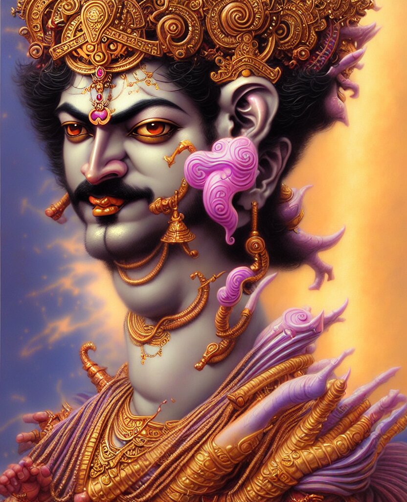 Beautiful Hindu God - Romantic Krishna Fantasy Character Portrait, Close-Up, Headshot, Ultra Realistic, Intricate Details, Highly Detailed by Peter Mohrbacher, Hajime Sorayama, Wayne Barlowe, Boris Vallejo, Aaron Horkey, Gaston Bussiere, Craig Mullins. replace it as a beautiful king