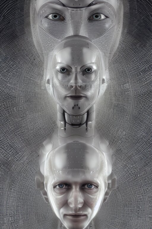 cinematic portrait of an AI Robot man. Centered, uncut, unzoom, symmetry. charachter illustration. Dmt entity manifestation. Surreal render, ultra realistic, zenith view. Made by hakan hisim feat cameron gray and alex grey. Polished. Inspired by patricio clarey, heidi taillefer scifi painter glenn brown. Slightly Decorated with Sacred geometry and fractals. Extremely ornated. artstation, cgsociety, unreal engine, ray tracing, detailed illustration, hd, 4k, digital art, overdetailed art. Intricate omnious visionary concept art, shamanic arts ayahuasca trip illustration. Extremely psychedelic. Dslr, tiltshift, dof. 64megapixel. complementing colors. Remixed by lyzergium.art feat binx.ly and machine.delusions. zerg aesthetics. Trending on artstation, deviantart