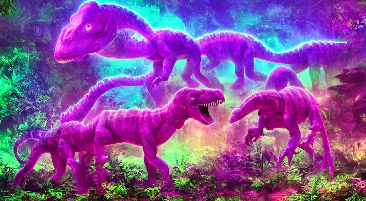 Add more neon dinosaurs to the scene