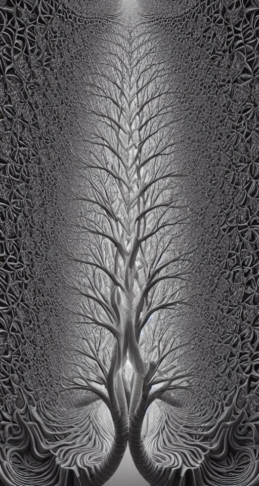 3d fractal wallpaper by Escher and zdzisław beksiński, magic tree!!!!!!!!!!!!!!!!!!!!!, dmt, tripy, psychedelic, mandelbulb 3d, digital art, high details, depth of field, hard lighting, trending on artstation, deviantart, octane render, HD, 8k, low light, black background