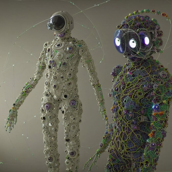 a cybernetic symbiosis of a single engineer astronaut mech-organic eva suit made of pearlescent wearing knitted shiny ceramic multi colored yarn thread infected with diamond 3d fractal lace iridescent bubble 3d skin dotted covered with orb stalks of insectoid compound eye camera lenses floats through the living room, film still from the movie directed by Denis Villeneuve with art direction by Salvador Dalí, wide lens,kevlar,carbon fiber,ceramics,gaseous materials,