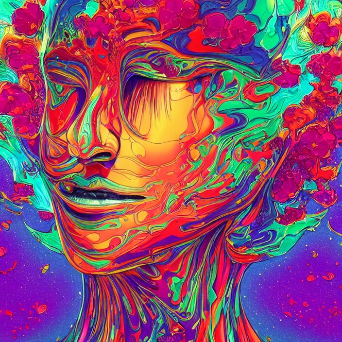 illustration of a colorful melting human head. flowers and blossoms, ferrofluids, burning water distortions. intricate abstract. intricate artwork. by tooth wu, wlop, beeple, dan mumford. octane render, trending on artstation, greg rutkowski very coherent symmetrical artwork. cinematic, hyper realism, high detail, octane render, 8 k, depth of field, bokeh. iridescent accents 