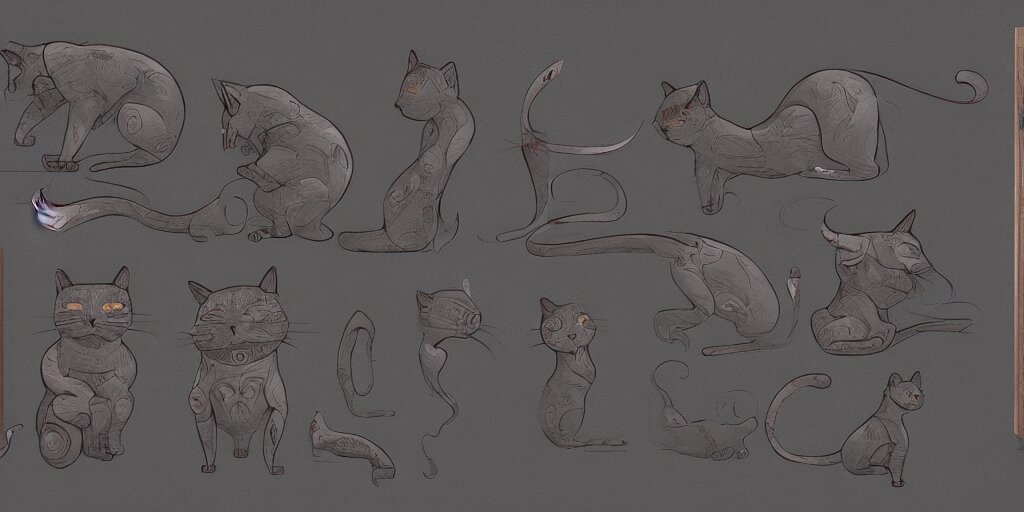 wooden cat design, character sheet, Moebius, Greg Rutkowski, Zabrocki, Karlkka, Jayison Devadas, Phuoc Quan, trending on Artstation, 8K, ultra wide angle, zenith view, pincushion lens effect.