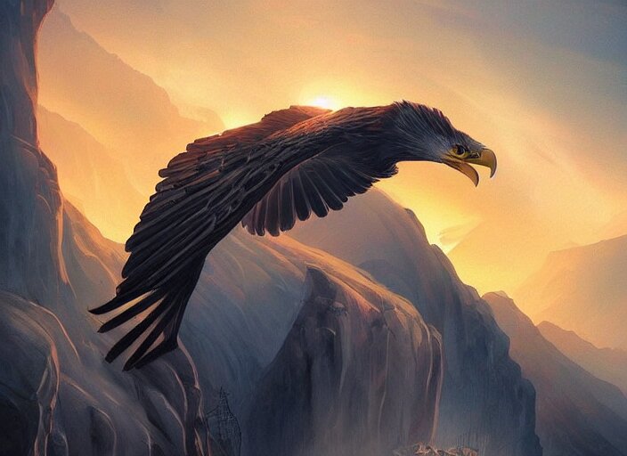 majestic eagle made out of light soars over a canyon of darkness, sunset, beautiful, extremely detailed, concept art, artgerm, trending on artstation, powerful imagery, award - winning, fantasy aesthetic, 