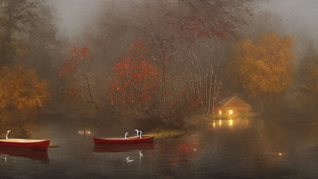 small red wooden cottage by the lake, lanterns off the porch, smoke disappearing into the sky, morning, birch trees in bloom, tranquility, two swans on the lake, two swans, a wooden rowing boat, by Greg Rutkowski, by Charlie Bowater. sun is raising and the picture gets lighter