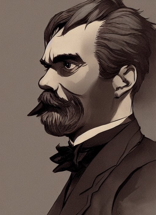 Friedrich Nietzsche with a chiseled Jawline and serious Look, in his suit, in the Style of Artgerm and Ross Draws and Mike Mignola and Tomer Hanuka, vibrant colors and hard shadows and strong rim light, Comic Cover Art, plain background, trending on artstation