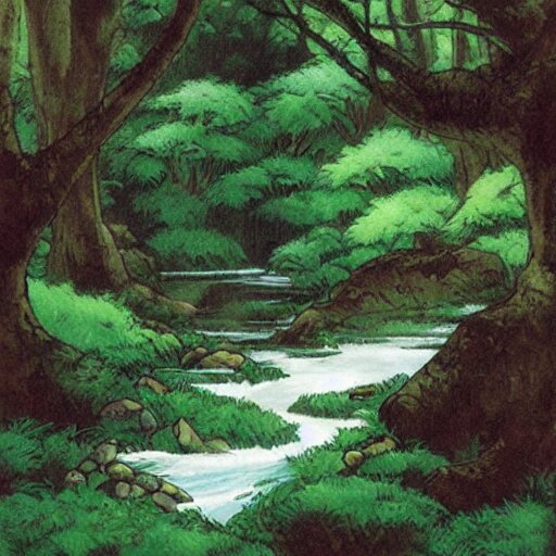 a stream running through a lush forest, ghibli