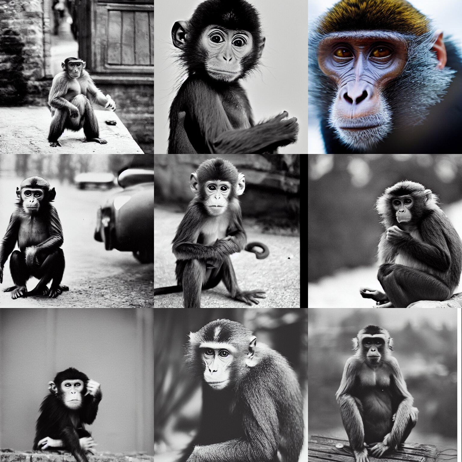 an old photo of a monkey wearing a black puffer jacket