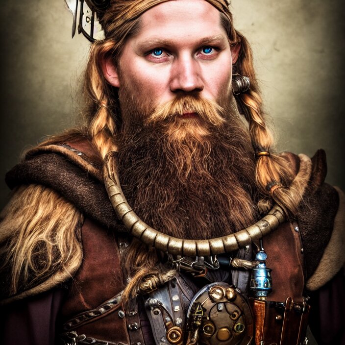 portrait full shot photograph of a real-life steampunk viking, Extremely detailed. 8k. Add a viking helmet, curved sword and goggles