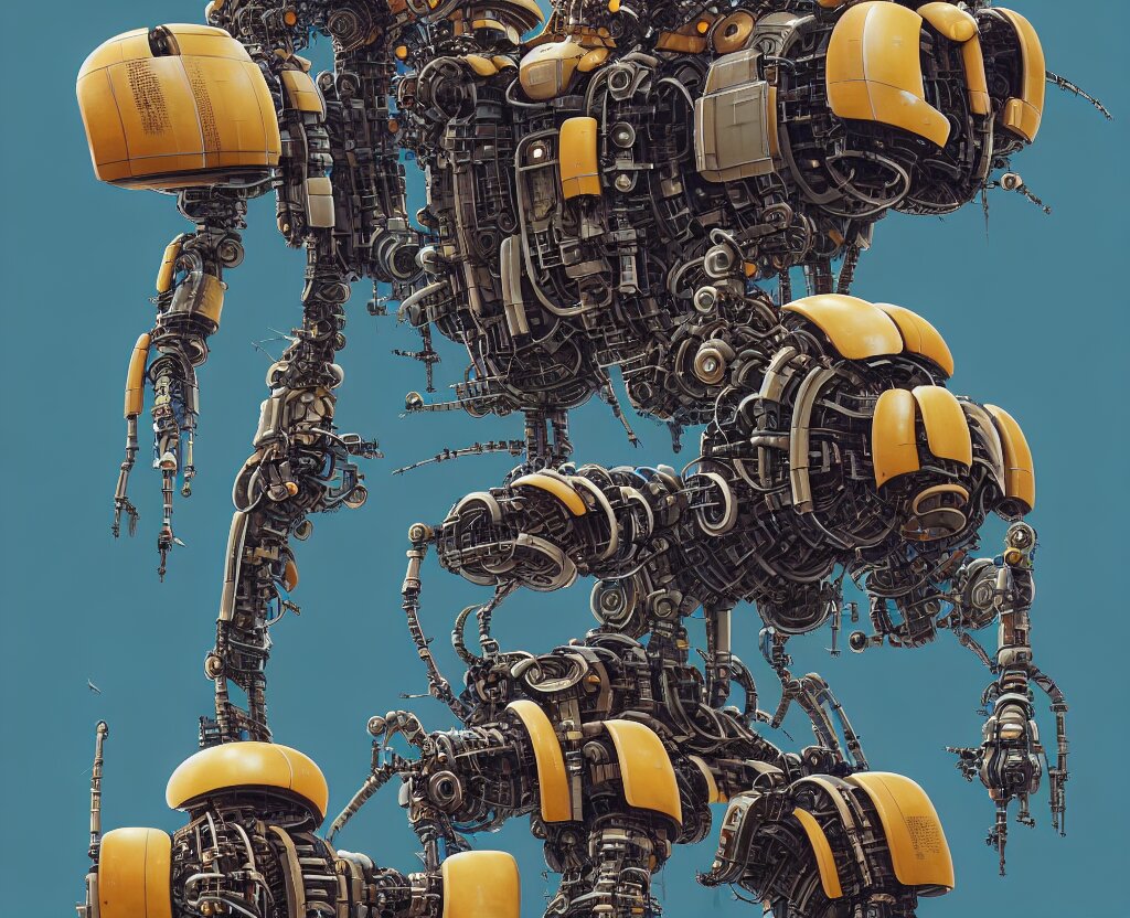 Collection of Alien Creatures by Katsuhiro Otomo, Robot Arms and Props by Wes Anderson, Hard Surface by Simon Stalenhag, Panel by Kitbash, and hardware by Hardware, in a Color Scheme by Wes Anderson and Design by in Watercolor Gouache by Wes Anderson, Sleek and Designed. The props and machinery should become alien creatures