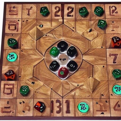 game board made in wood, fantasy, with dice, epic, cinematic, thriller 