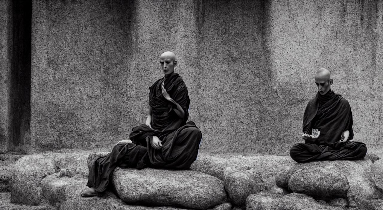 a meditating android monk sitting on a stone, cyberpunk style, 
