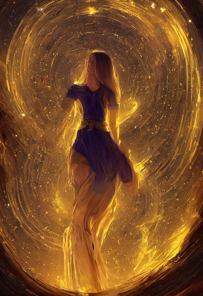 a woman trapped in s giant celestial hourglass made of gold magical, fantasy, trending on artstation, digital art. 