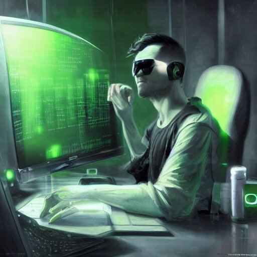 a hacker sitting at his computer with green glare by raymond swanland, highly detailed