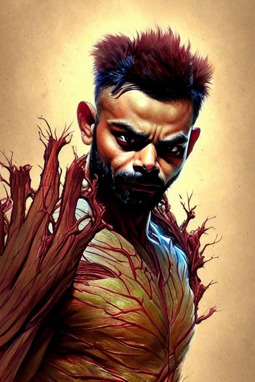 Change Groot's costume to a green sports jacket and green beanie. Add a green stripe down the side of Virat's face.