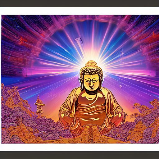 the second coming of the buddah, by dan mumford and ross tran, cosmic, heavenly, god rays, intricate detail, cinematic, 8 k, cel shaded, unreal engine, featured on artstation, pixiv 