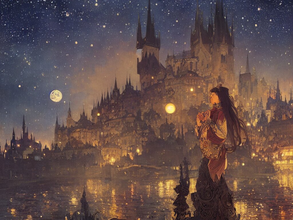 a view from the river of prague at night with the sky full of stars, intricate, elegant, highly detailed, digital painting, artstation, concept art, smooth, sharp focus, colored illustration, art by krenz cushart and artem demura and alphonse mucha, anime wallpaper 