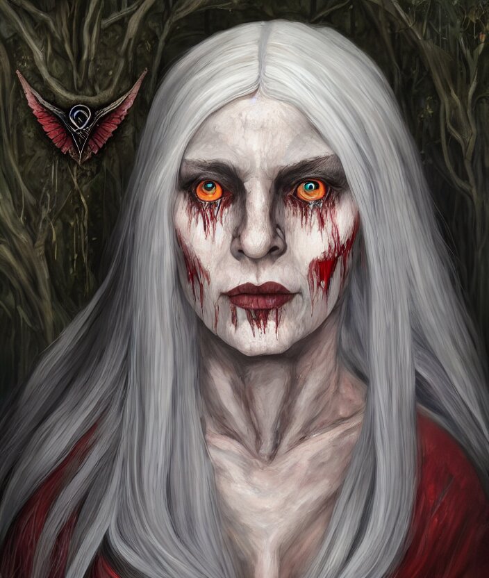 a dunmer woman with long white hair and red eyes relaxes in a stream, oil painting, aesthetic face, symmetrical face, magic, ashlands, morrowind, skywind, dark, gloomy, portrait, character portrait, concept art, symmetrical, 4 k, macro detail, realistic shadows, bloom, cosplay, dviant art