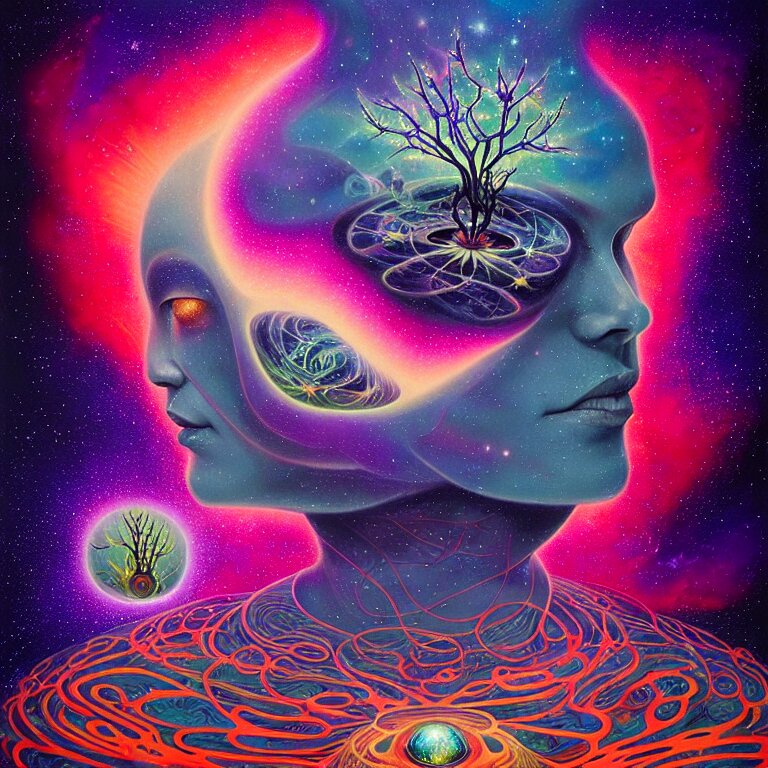 psychedelic stars in the cosmos of spirit, by by peter rohrabacher annatto finnstark | flowers of purity, future plants, leiko ikemura, featured on cgsociety, pop surrealism, ilya kuvshinov | sparkling atom fractules of skulls and mechs deep under the spine, fantasy, surrealist pop painting, by alex grey and hr giger 