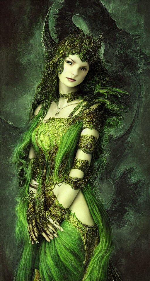 Gothic princess girl in dark and green dragon armor on a neoclassical city. By (Rembrandt painting(100)(fractal flame)), highly detailded