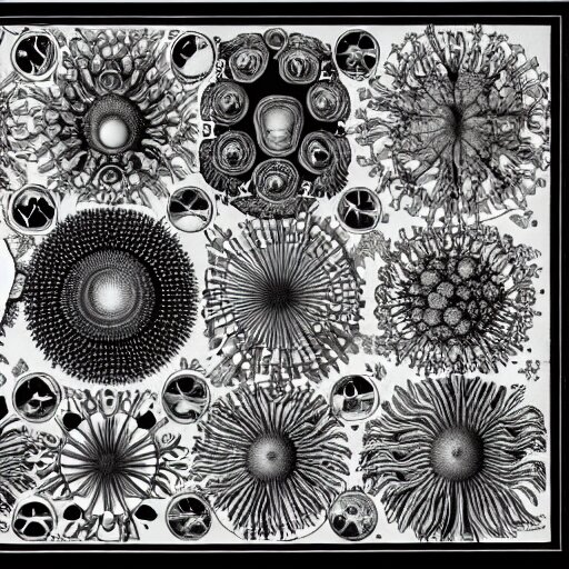 ernst haeckel the coronavirus and other viruses in color on black background, symmetrically arranged 
