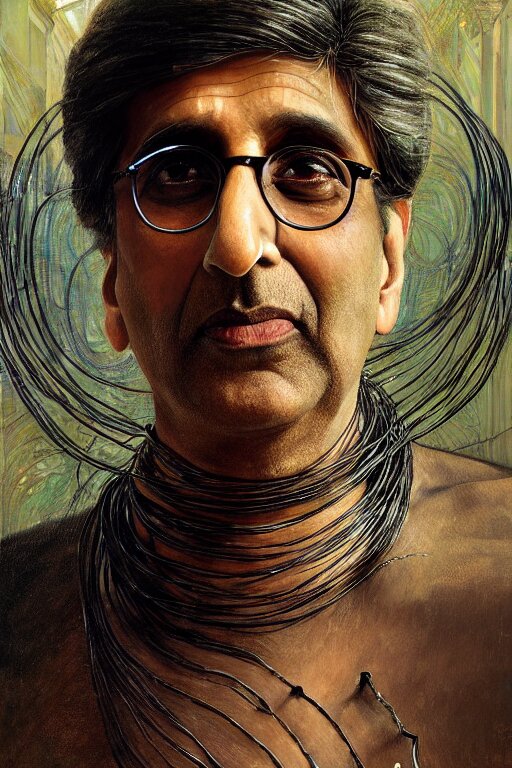 hyperrealist portrait of amitabh bacchan, it is decorated with long wires that fall like vines and wears small computers over their body. by jeremy mann and alphonse mucha, fantasy art, photo realistic, dynamic lighting, artstation, poster, volumetric lighting, very detailed faces, 4 k, award winning 