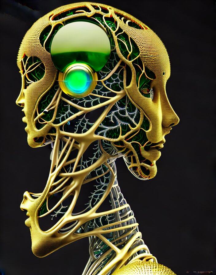complex 3 d render of a beautiful symmetric porcelain cyberpunk ai robot face, green and gold, fractal veins, vegetal dragon cyborg, 1 5 0 mm, beautiful natural soft light, rim light, silver gold fractal details, roots, fine lace, mandelbot fractal, anatomical, glass, facial muscles, elegant, ultra detailed, metallic armor, octane render 
