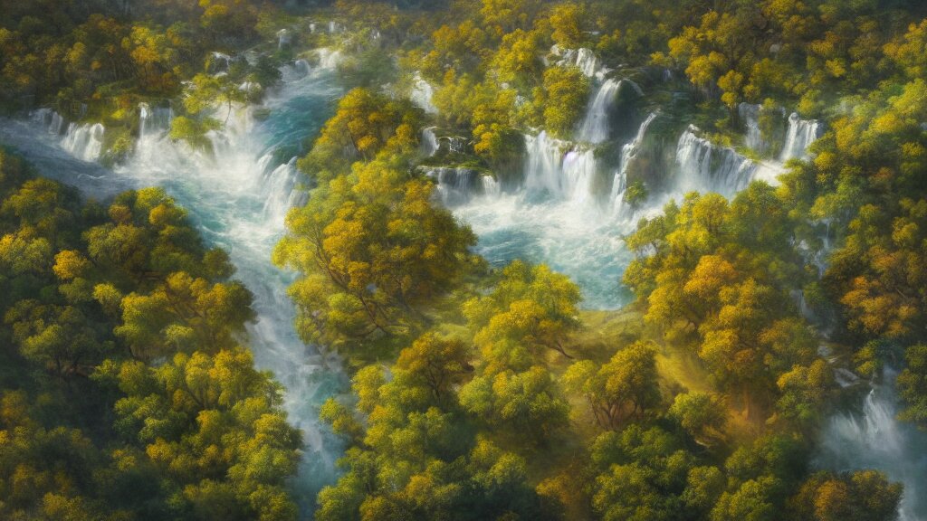 The most beautiful panoramic landscape, oil painting, where a giant dreamy waterfall creates a river, the trees around are starting to bloom in a variety of colors, by Greg Rutkowski, aerial view