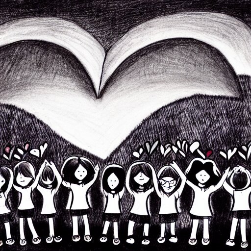 teaching, primary school on a hill, hearts, friendship, love, sadness, dark ambiance, concept by godfrey blow, featured on deviantart, drawing, sots art, lyco art, artwork, photoillustration, poster art 