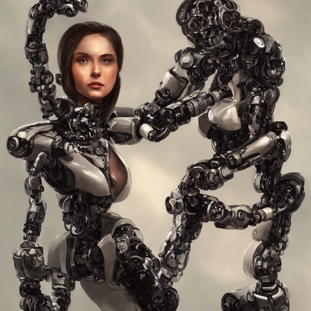 Make the woman in the robot arm a robot