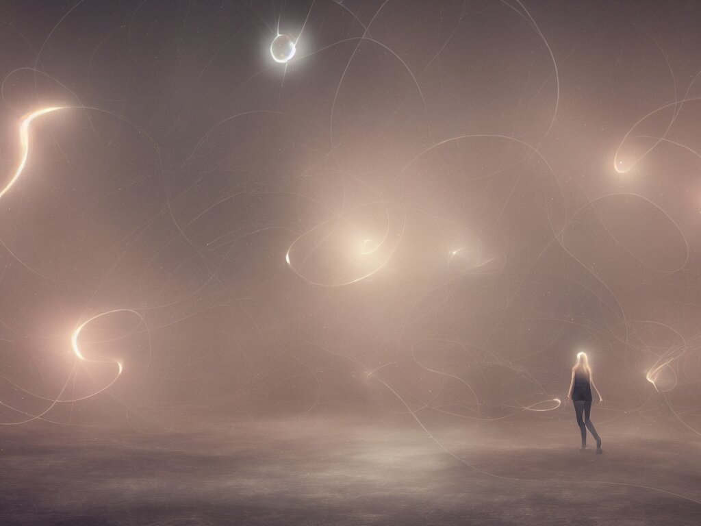 a human emitting an aura walking through a dust storm while normal and exponential curves from the universe flow through them, digital art, trending on art station, many smooth curves, inspiring, high resolution 