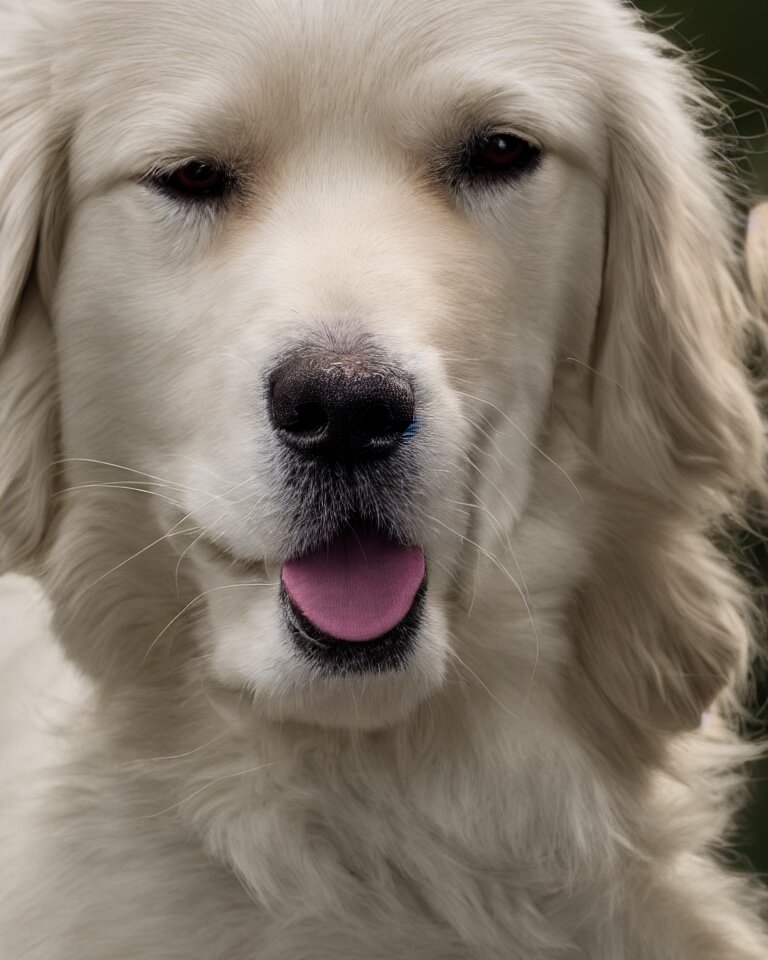 4K HD, high detail photograph, shot with Sigma f/ 4.2 , 250 mm sharp lens, shallow depth of field, subject= White golden retriever, consistent, high detailed light refraction, high level texture render