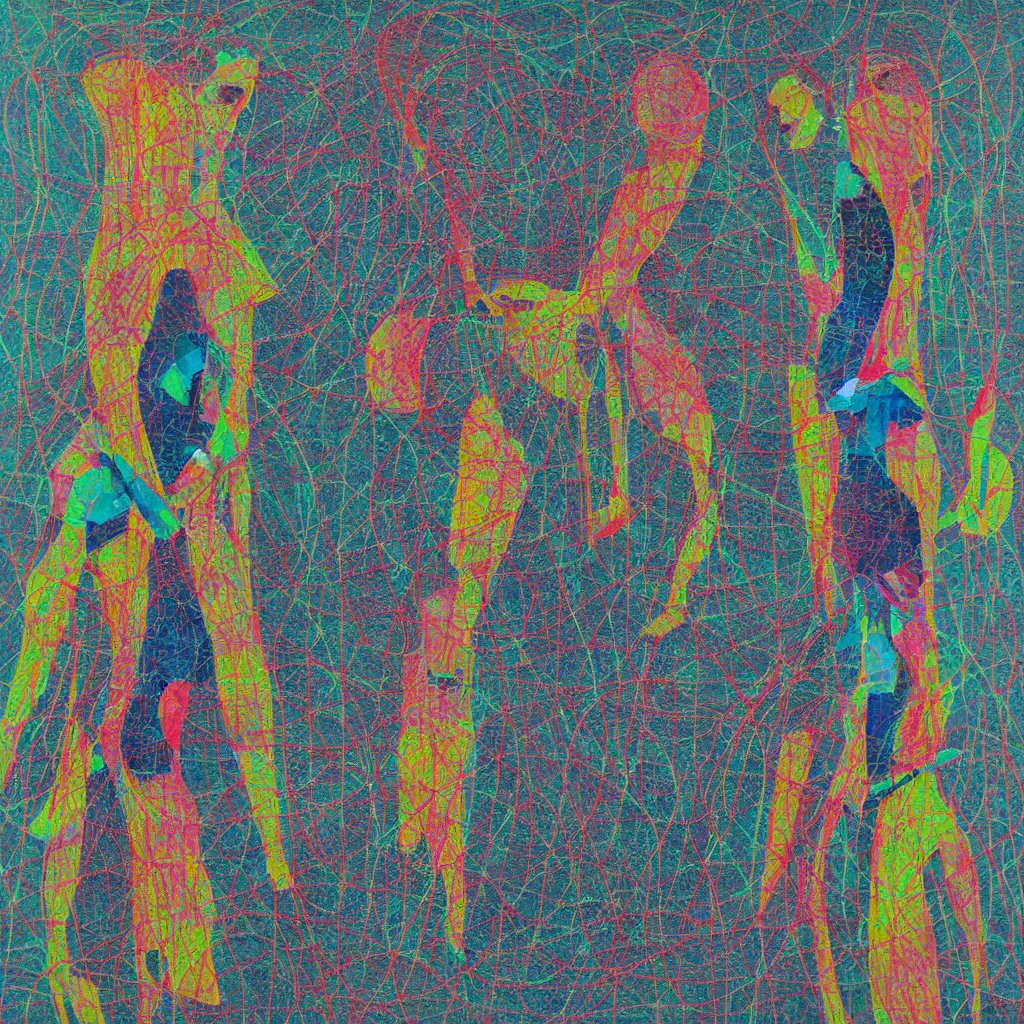 two human figures anxiety, smiling, abstract, maya bloch artwork, ivan plusch artwork, cryptic, lines, stipple, dots, abstract, geometry, splotch, concrete, color tearing, uranium, acrylic, hints of color, pitch bending, faceless people, dark, ominous, eerie, minimal, points, technical, painting 