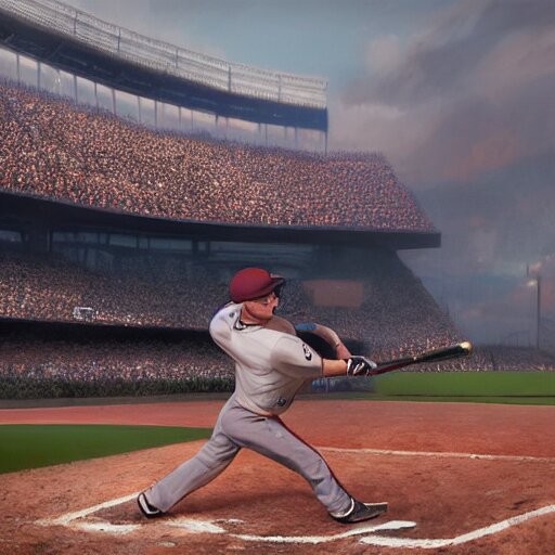 baseball player gets struck by lightning as he hits the ball with the baseball bat and in front of everyone in the stadium, james gurney painting style, greg rutkowski, artstation, octane render, unreal engine 5