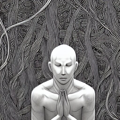 monochrome faceless man praying with vines grow on his body, death, irregular, photorealistic, monochrome, hyper realism, unreal engine, trending in artstation 