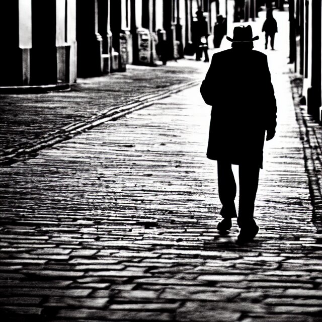old man walking streets at dusk, black and white, fine detail 