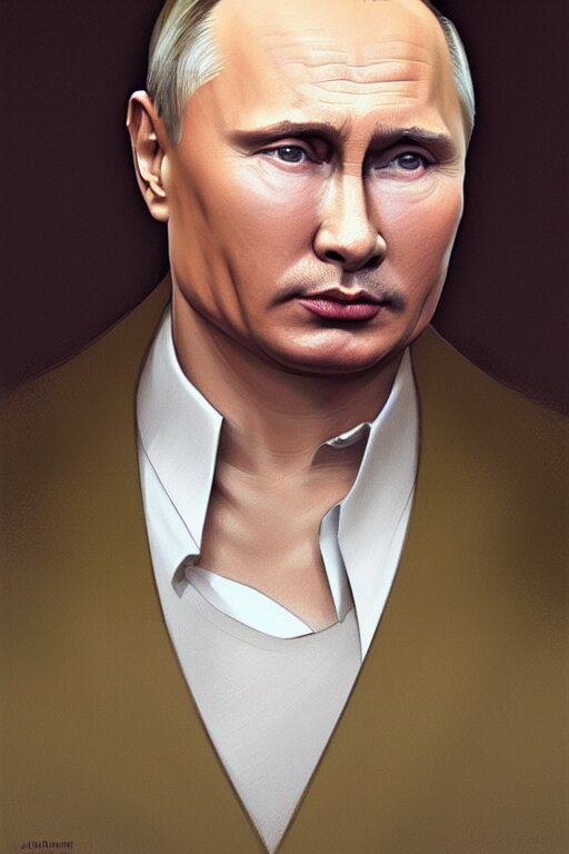 Putin with Kim Jong Un Hairstyle, Realistic Portrait, Symmetrical, Highly Detailed, Digital Painting, ArtStation, Concept Art, Smooth, Sharp Focus, Illustration, Cinematic Lighting, Art by Artgerm and Greg Rutkowski and Alphonse Mucha. Make him look like real Putin and add cigrette in his hand