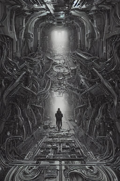 wide angle shot alien corridor, doom sf interstellar, intricate artwork masterpiece, ominous, matte painting movie poster, golden ratio, trending on cgsociety, intricate, epic, trending on artstation, by h. r. giger and zdizslaw beksinski, francois marcela - froideval, highly detailed, vibrant, production cinematic character render, ultra high quality model 