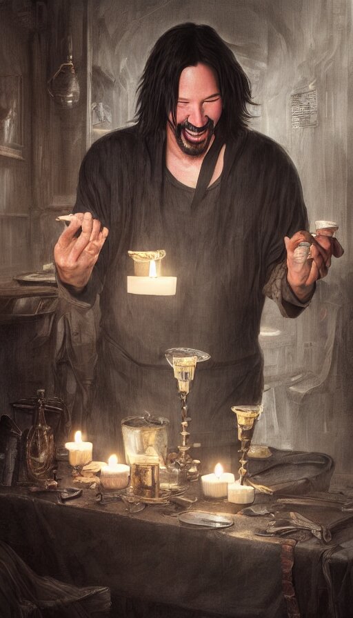 Keanu reeves as fat drunk tavern owner, apron, laughing, candles, fame of thrones, warhammer, fibonacci, sweat drops, intricate fashion clothing, insane, intricate, highly detailed, surrealistic, digital painting, artstation, concept art, smooth, sharp focus, illustration, unreal engine 5, 8 k, art by artgerm and greg rutkowski and alphonse mucha