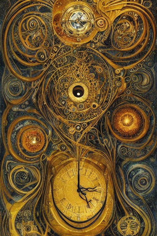 The Helliquary by Karol Bak, Jean Deville, Gustav Klimt, and Vincent Van Gogh, otherworldly, fractal structures, arcane, clockface, spiral clock, inferno, inscribed runes, reliquary, infernal relics, ornate gilded medieval icon, third eye, spirals