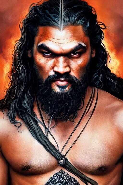 beautiful, ethereal khal drogo ( jason momoa ) portrait, intricate art deco dragon designs, elegant, highly detailed burning background, sharp focus, game of thrones art by artgerm and beeple and greg rutkowski and wlop 