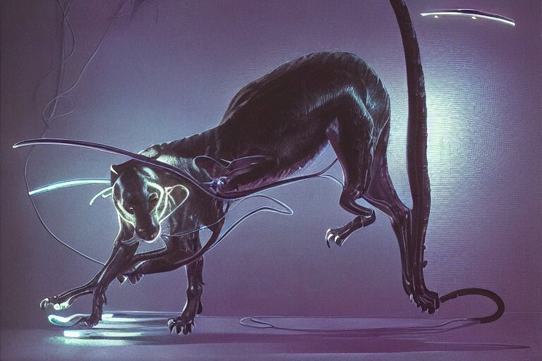 chrome panther, metallic, contrasting neon light, volumetric lighting, by caspar david friedrich and wayne barlowe and ted nasmith 