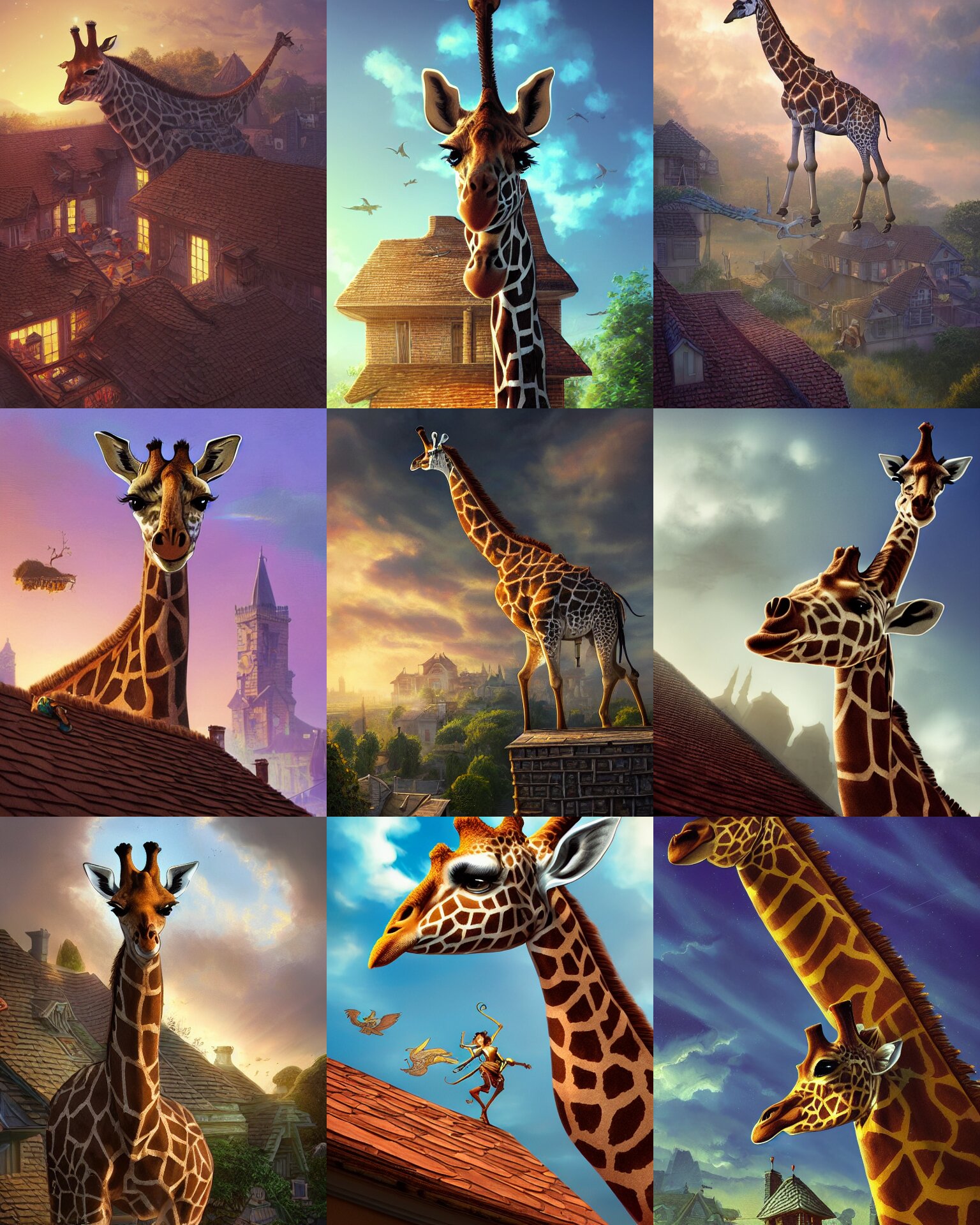 kids fantasy sketch a giraffe on a house roof, fantasy, intricate, epic lighting, cinematic composition, hyper realistic, 8 k resolution, unreal engine 5, by artgerm, tooth wu, dan mumford, beeple, wlop, rossdraws, james jean, marc simonetti, artstation 