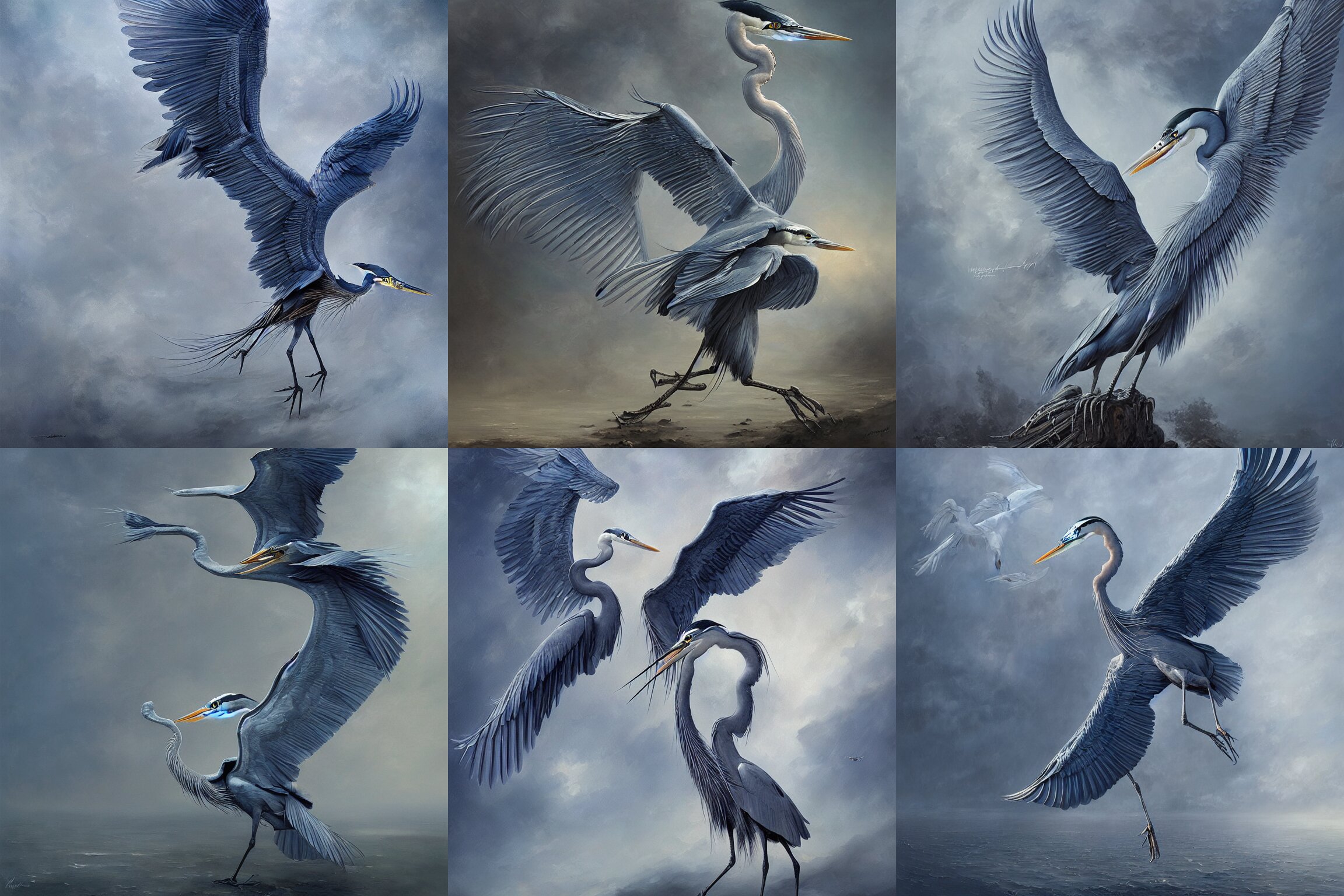 portrait of a majestic blue heron spreading his wings, digital painting, extremely detailed, 4k, intricate, brush strokes, Giger, Mark Arian, Artgerm, Bastien Lecouffe-Deharme