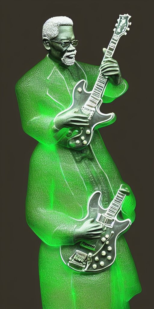 Detailed photo of a jade translucent statue of most b. b king, full body portrait, glowing in the dark, photorealism, intricate detail, museum diffuse lighting. Turn it into a neon sign. turn it into a neon sign.