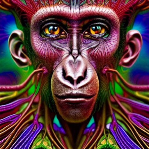 an extremely psychedelic portrait of a monkey, surreal, lsd, face, detailed, intricate, elegant, lithe, highly detailed, digital painting, artstation, concept art, smooth, sharp focus, illustration, with translucent skin, visible muscles and veins and arteries and bones and spines and nerves, beautiful detailed intricate insanely detailed octane render, 8 k artistic photography, photorealistic, chiaroscuro 
